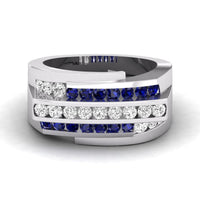 Blue Sapphire & White Round CZ Stone Channel Setting Men's Ring