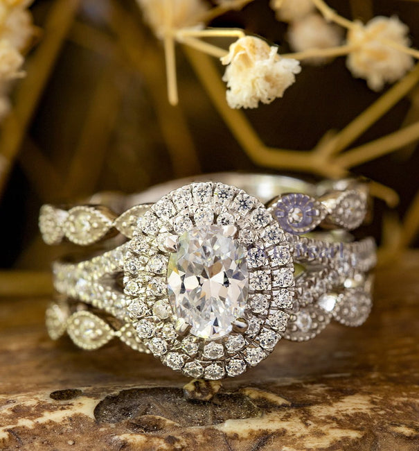 Oval & Round Cut Moissanite Double Halo Set Enhancer Guard Engagement Ring Set alternate