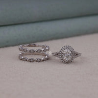 Oval & Round Cut Moissanite Double Halo Set Enhancer Guard Engagement Ring Set