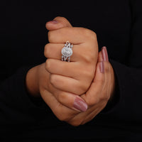 Oval & Round Cut Moissanite Double Halo Set Enhancer Guard Engagement Ring Set