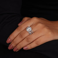 Oval & Round Cut Moissanite Double Halo Set Enhancer Guard Engagement Ring Set