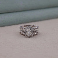Oval & Round Cut Moissanite Double Halo Set Enhancer Guard Engagement Ring Set