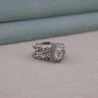 Oval & Round Cut Moissanite Double Halo Set Enhancer Guard Engagement Ring Set
