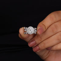 Oval & Round Cut Moissanite Double Halo Set Enhancer Guard Engagement Ring Set