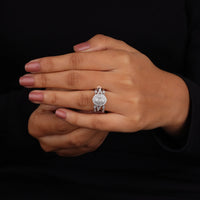 Oval & Round Cut Moissanite Double Halo Set Enhancer Guard Engagement Ring Set