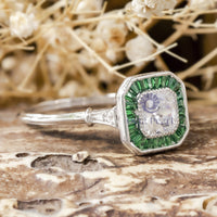 Old Mine Cushion Cut With Green Baguette CZ Stone Halo Vintage Look Target Ring