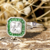 Old Mine Cushion Cut With Green Baguette CZ Stone Halo Vintage Look Target Ring