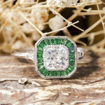 Old Mine Cushion Cut With Green Baguette CZ Stone Halo Vintage Look Target Ring