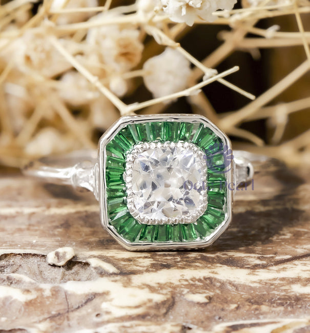 Old Mine Cushion Cut With Green Baguette CZ Stone Halo Vintage Look Target Ring