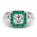 Elegant ring with emerald and diamond design on a white background, Old Mine Cushion Cut With Green Baguette CZ Stone Halo Vintage Look Target Ring