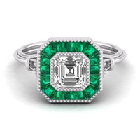 Elegant ring with emerald and diamond design on a white background, Old Mine Cushion Cut With Green Baguette CZ Stone Halo Vintage Look Target Ring