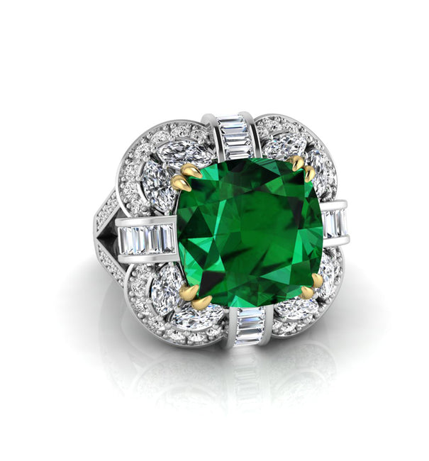 Green Cushion Cut CZ Stone Clover Halo Split Shank Ring