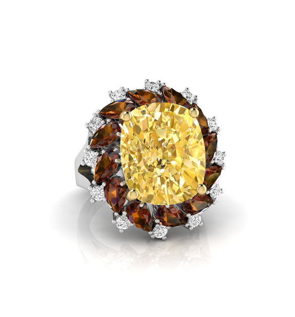 Canary Yellow Cushion & Pear CZ Stone Halo Split Shank Cocktail Ring