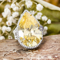 Yellow Pear With White Round CZ Stone Frame Three Shank Cocktail Ring For Party Wear