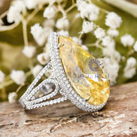 Yellow Pear With White Round CZ Stone Frame Three Shank Cocktail Ring For Party Wear