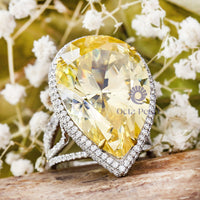 Yellow Pear With White Round CZ Stone Frame Three Shank Cocktail Ring For Party Wear