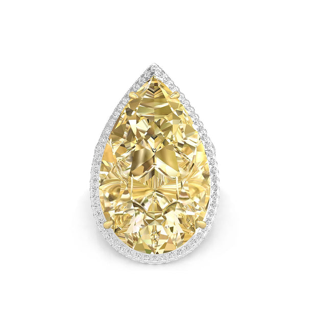 Yellow Pear With White Round CZ Stone Frame Three Shank Cocktail Ring For Party Wear