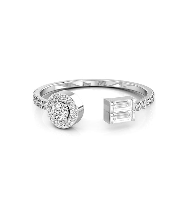 Round And Baguette Cut Three Stone Halo Open Gap Cuff Engagement & Proposal Ring