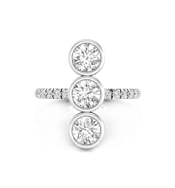 Classic Round Cut Moissanite Three Stone Bezel Set With Accent Stone Ring