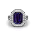 Blue Emerald CZ Stone Milgrain Bezel Set Halo Art Deco Ring