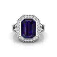 Blue Emerald CZ Stone Milgrain Bezel Set Halo Art Deco Ring