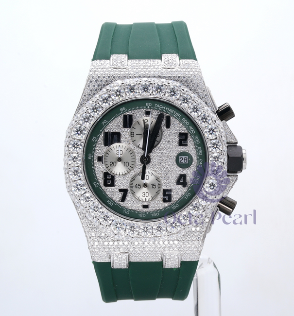 Luxury Round Moissanite Green Strap Band Watch For Men