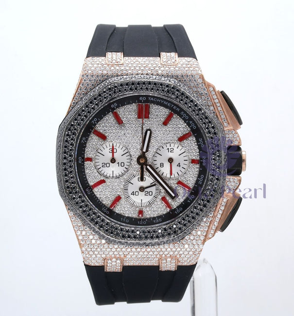 Fully Iced Round Moissanite Black Silicone Belt Watch