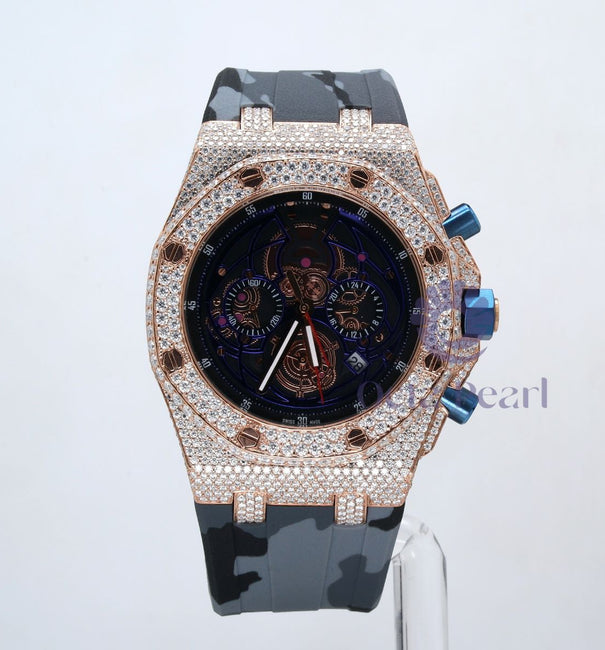 Round Moissanite Military Style Silicone Straps Wrist Watch