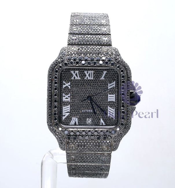 Black Round Moissanite Hip Hop Studded Analog Watch