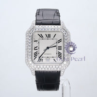 Round Moissanite Iced Out Dial Roman Markers Black Leather Watch