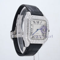 Round Moissanite Iced Out Dial Roman Markers Black Leather Watch