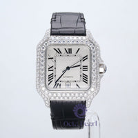 Round Moissanite Iced Out Dial Roman Markers Black Leather Watch