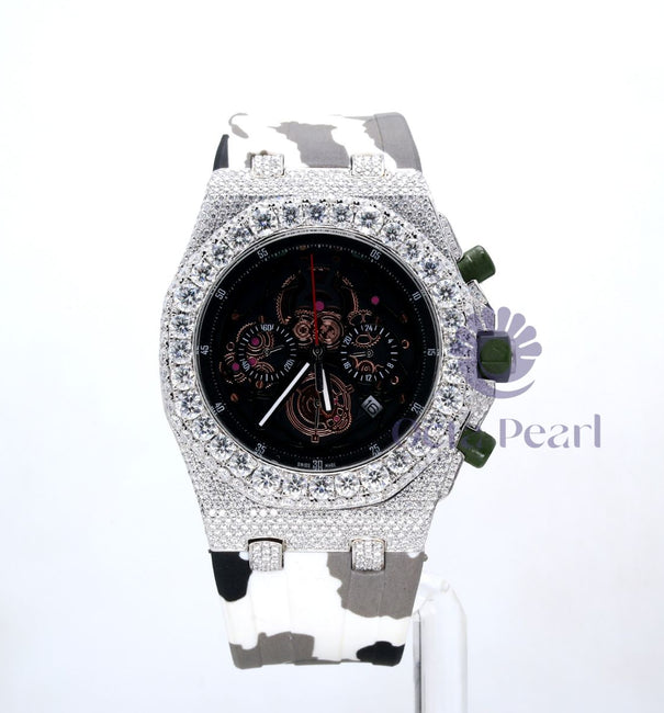 Round Moissanite Military Style Silicon Strap Wrist Watch