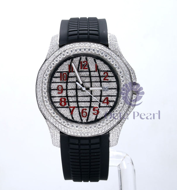 Round Moissanite Iced Out Stylish Black Silicon Strap Watch