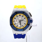 Round Moissanite Chronograph Blue Dial Yellow Blue Silicon Strap Watch