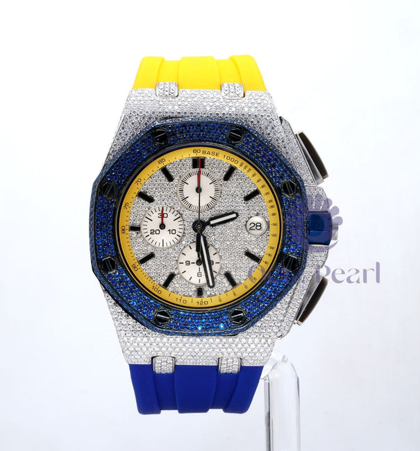 Round Moissanite Chronograph Blue Dial Yellow Blue Silicon Strap Watch