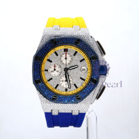 Round Moissanite Chronograph Blue Dial Yellow Blue Silicon Strap Watch