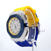 Round Moissanite Chronograph Blue Dial Yellow Blue Silicon Strap Watch