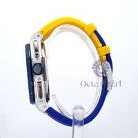 Round Moissanite Chronograph Blue Dial Yellow Blue Silicon Strap Watch