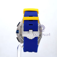 Round Moissanite Chronograph Blue Dial Yellow Blue Silicon Strap Watch