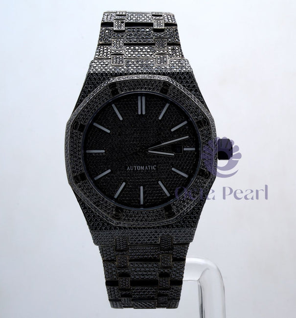 Hip Hop Style Black Round Moissanite Iced Out Automatic Watch