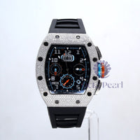 Round Moissanite Iced Out Stainless Steel Dial Black Silicone Band Watch