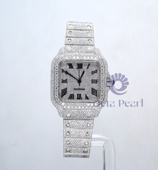 Fully White Iced Out Round Moissanite Studded Roman Dial Watch