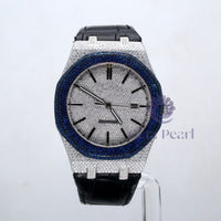 Studded Round Moissanite Men's Automatic Leather Watch