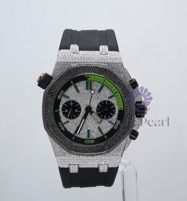 Iced Out Round Moissanite Studded Black Silicone Band Wrist Watch For Men