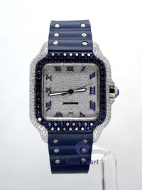 Iced Out VVS Round Moissanite Silicone Blue Belt Watch For Men