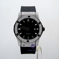 VVS White Moissanite Black Rubber Strap Round Dial Classic Watch