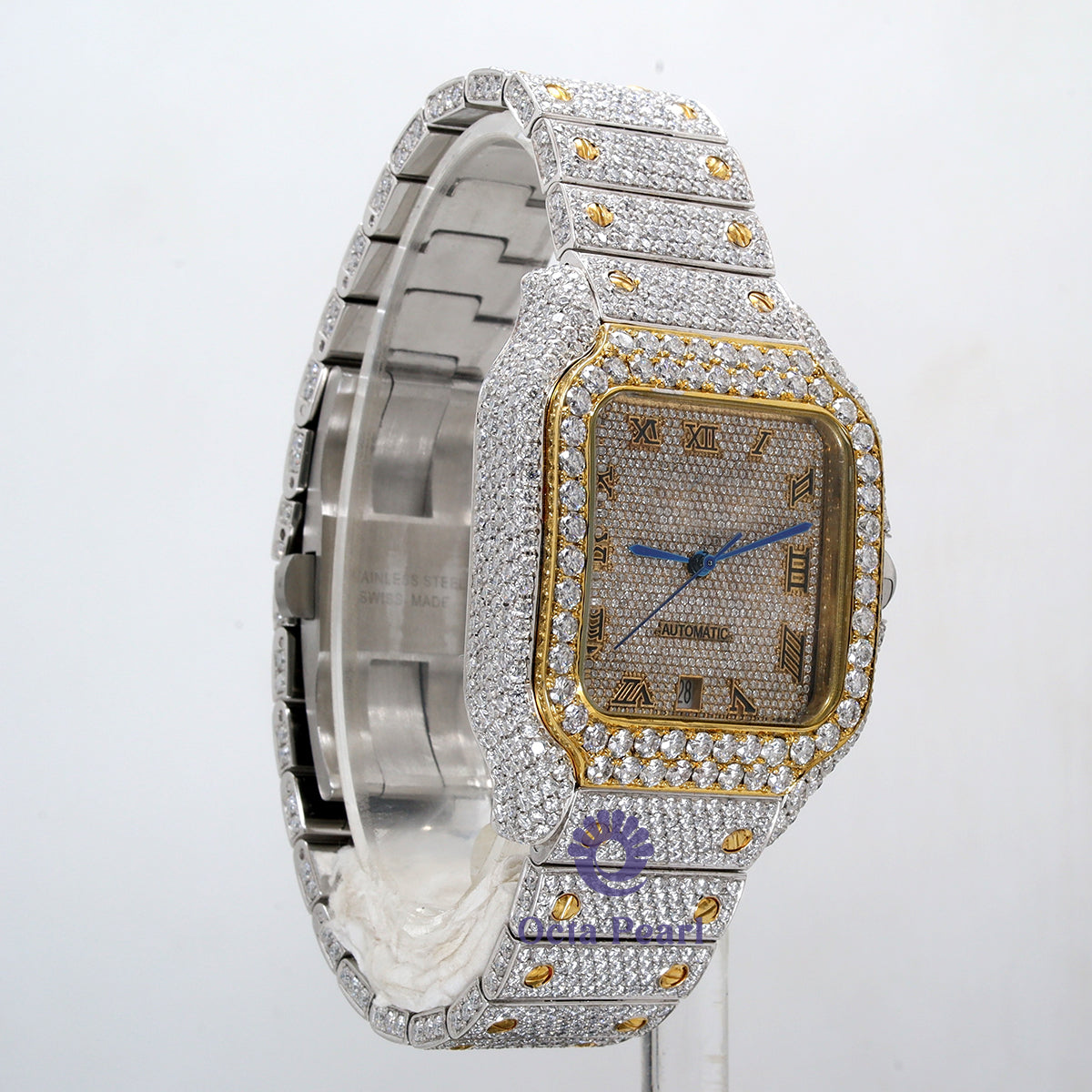 Moissanite Iced Out Hip Hop Stylish Yellow Dial Watch With Roman Numerals - alternate view