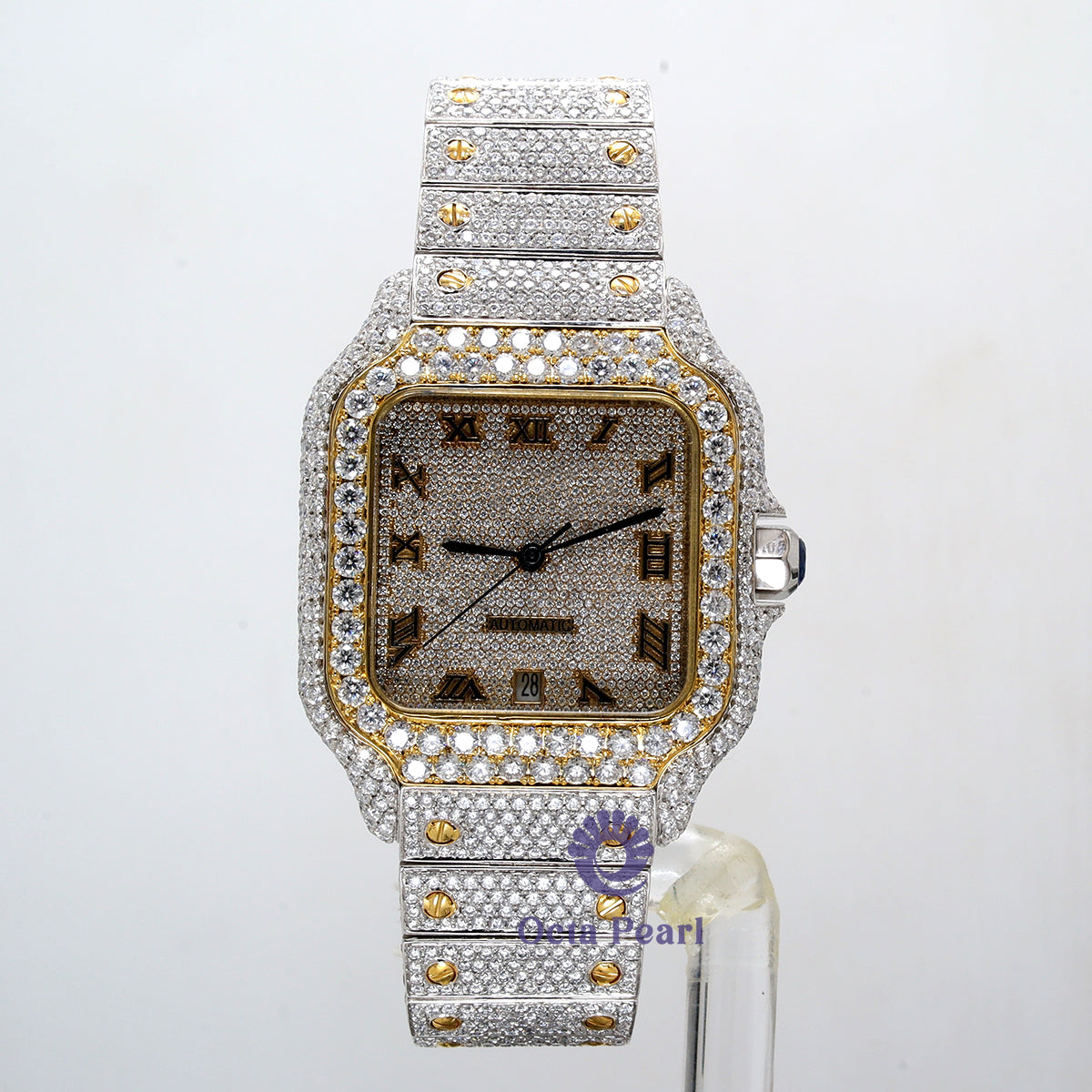 Moissanite Iced Out Hip Hop Stylish Yellow Dial Watch With Roman Numerals