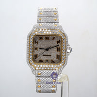 Moissanite Iced Out Hip Hop Stylish Yellow Dial Watch With Roman Numerals